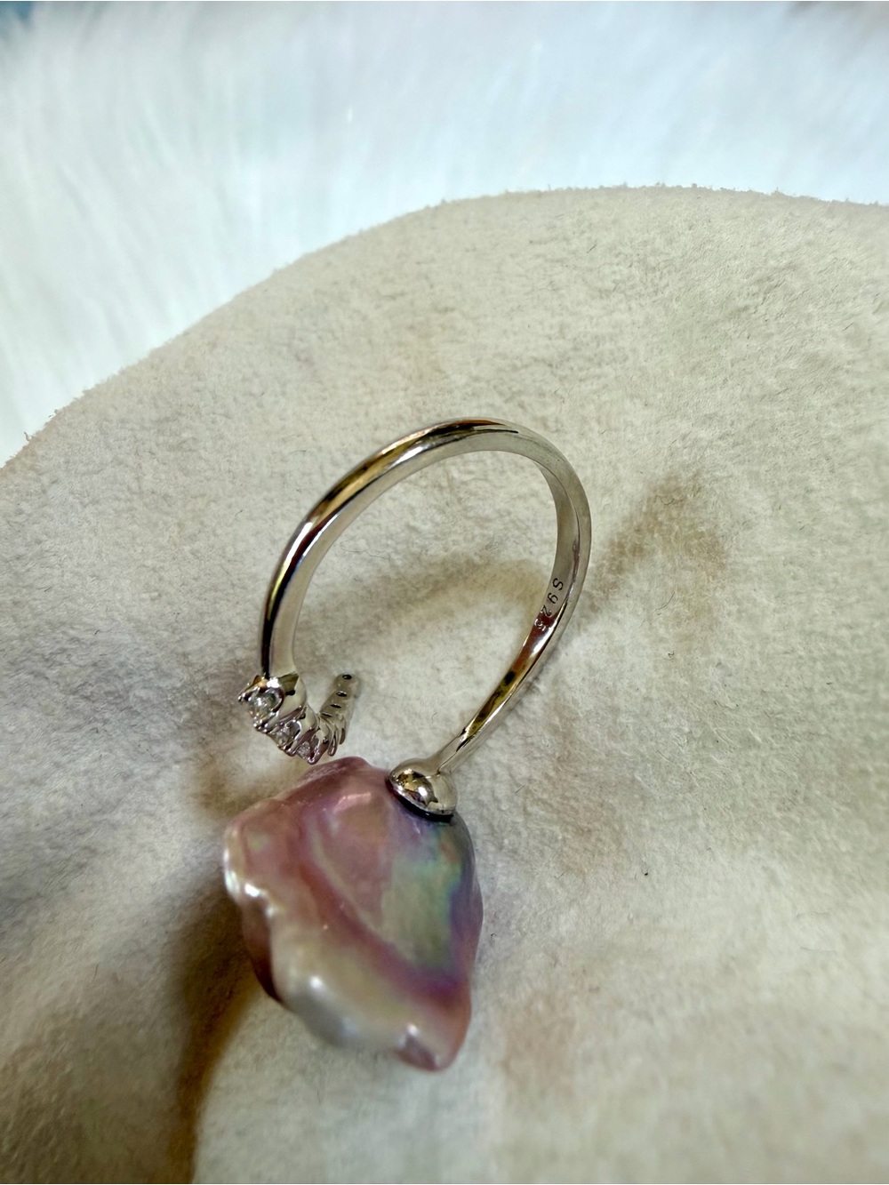 Lavender Baroque Pearl Ring with Pavé Band - Women Jewelry - Picture 7 of 10